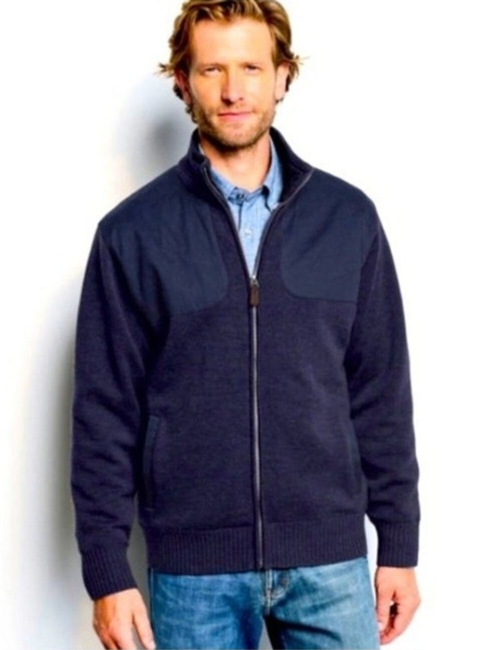 Orvis Wool Navy Blue Shooting Cardigan Sweater Jacket Full Zip Size XLarge